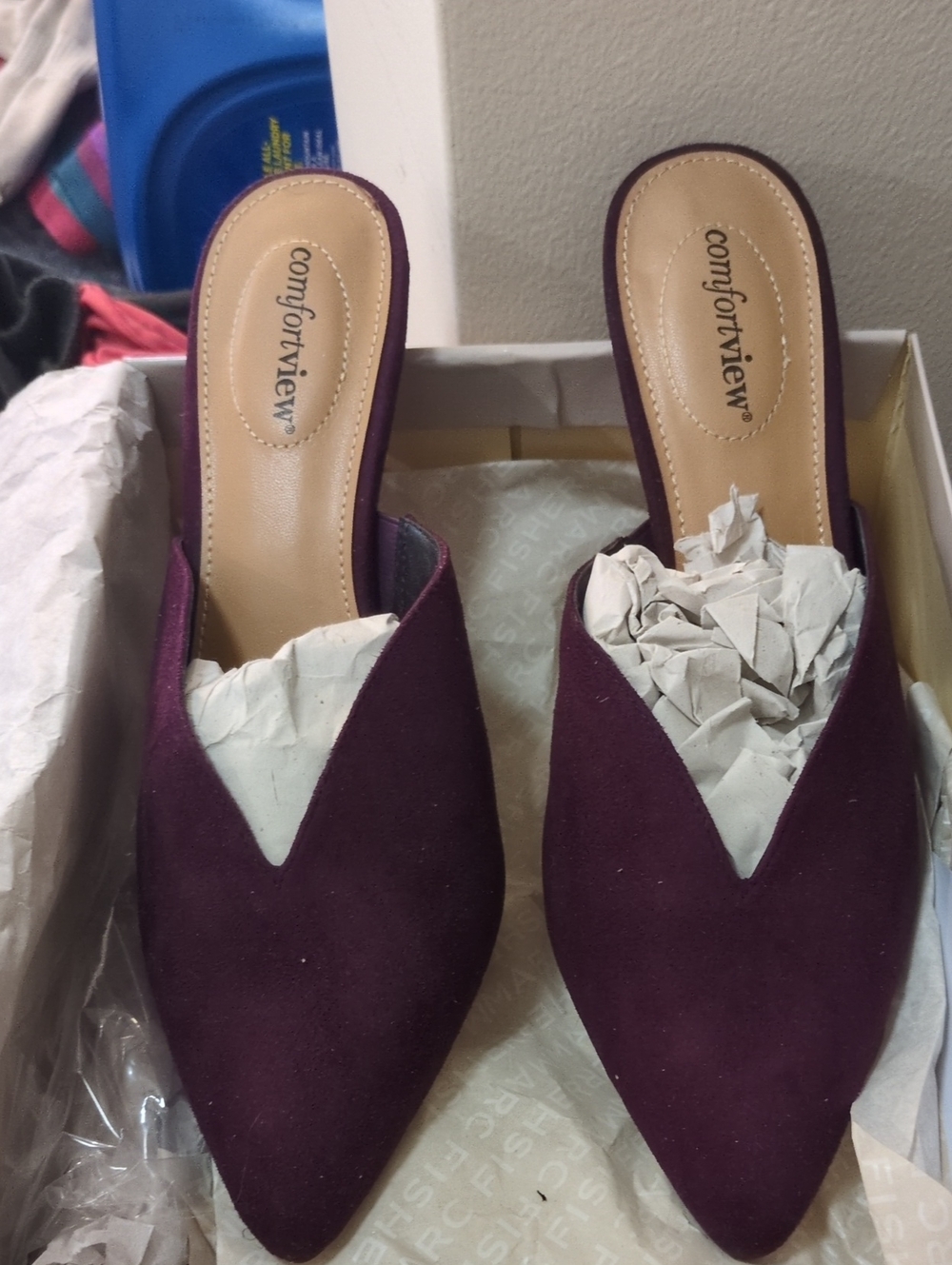 comfortview Women's Pointed Slip-On Kitten Heel Mules in Plum With V Cut